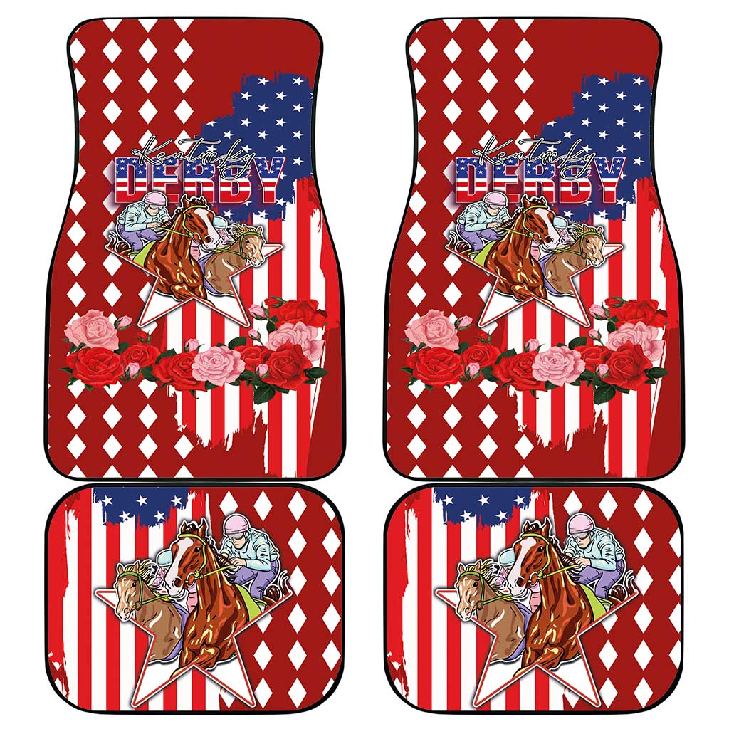 Kentucky Horses Racing Car Mats US Flag Grunge and Diamond Pattern Red Color