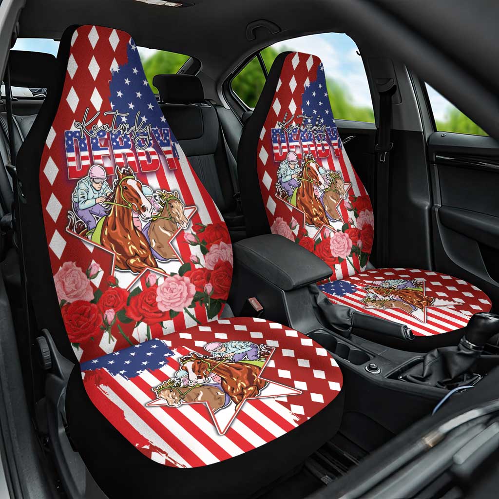 Kentucky Horses Racing Car Seat Cover US Flag Grunge and Diamond Pattern Red Color