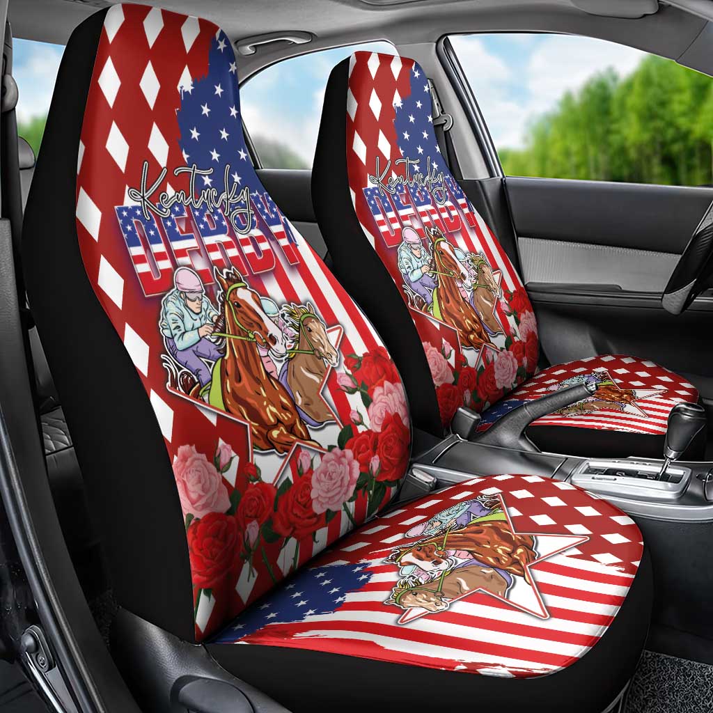 Kentucky Horses Racing Car Seat Cover US Flag Grunge and Diamond Pattern Red Color