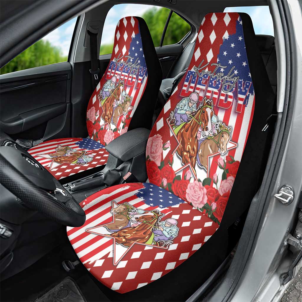 Kentucky Horses Racing Car Seat Cover US Flag Grunge and Diamond Pattern Red Color