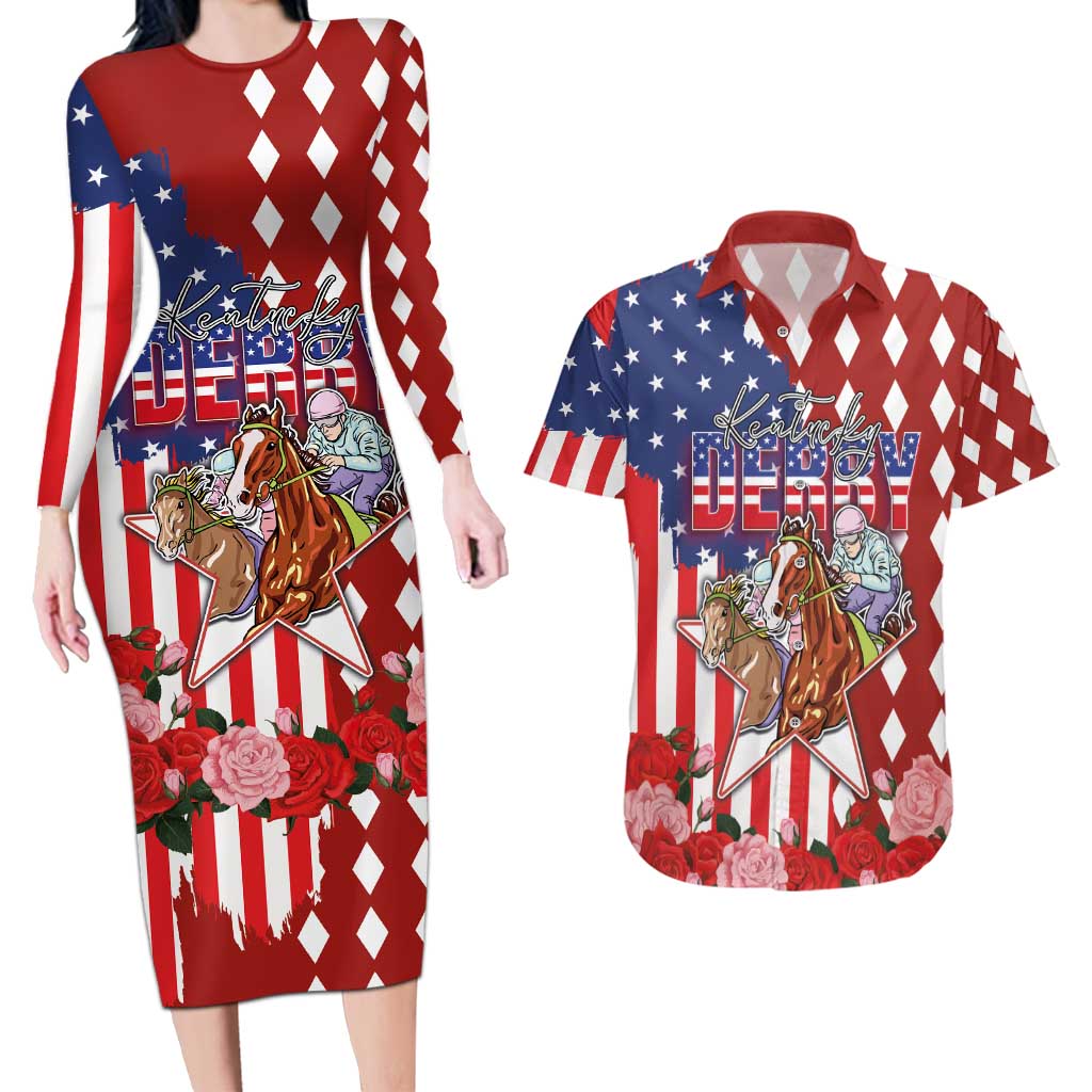 Kentucky Horses Racing Couples Matching Long Sleeve Bodycon Dress and Hawaiian Shirt US Flag Grunge and Diamond Pattern Red Color