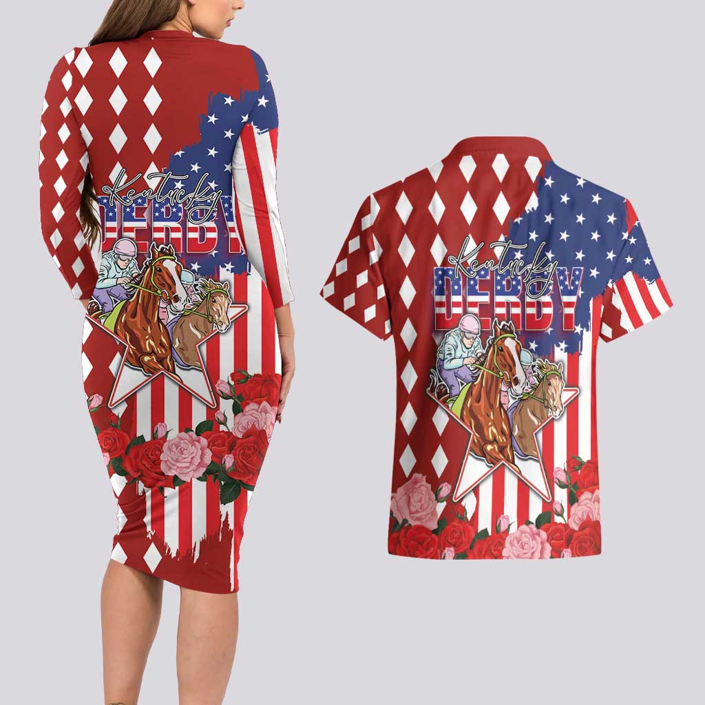 Kentucky Horses Racing Couples Matching Long Sleeve Bodycon Dress and Hawaiian Shirt US Flag Grunge and Diamond Pattern Red Color