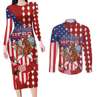 Kentucky Horses Racing Couples Matching Long Sleeve Bodycon Dress and Long Sleeve Button Shirt US Flag Grunge and Diamond Pattern Red Color