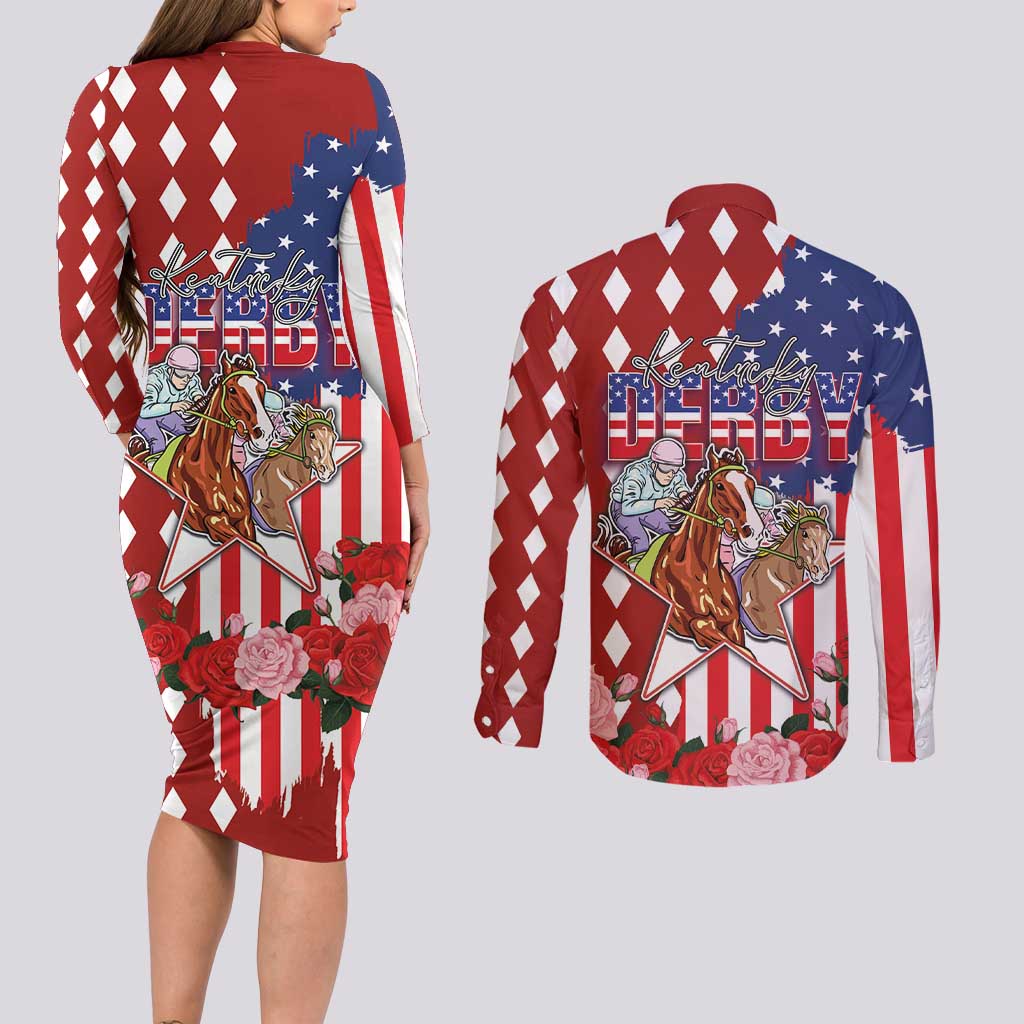 Kentucky Horses Racing Couples Matching Long Sleeve Bodycon Dress and Long Sleeve Button Shirt US Flag Grunge and Diamond Pattern Red Color
