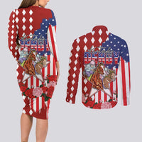 Kentucky Horses Racing Couples Matching Long Sleeve Bodycon Dress and Long Sleeve Button Shirt US Flag Grunge and Diamond Pattern Red Color