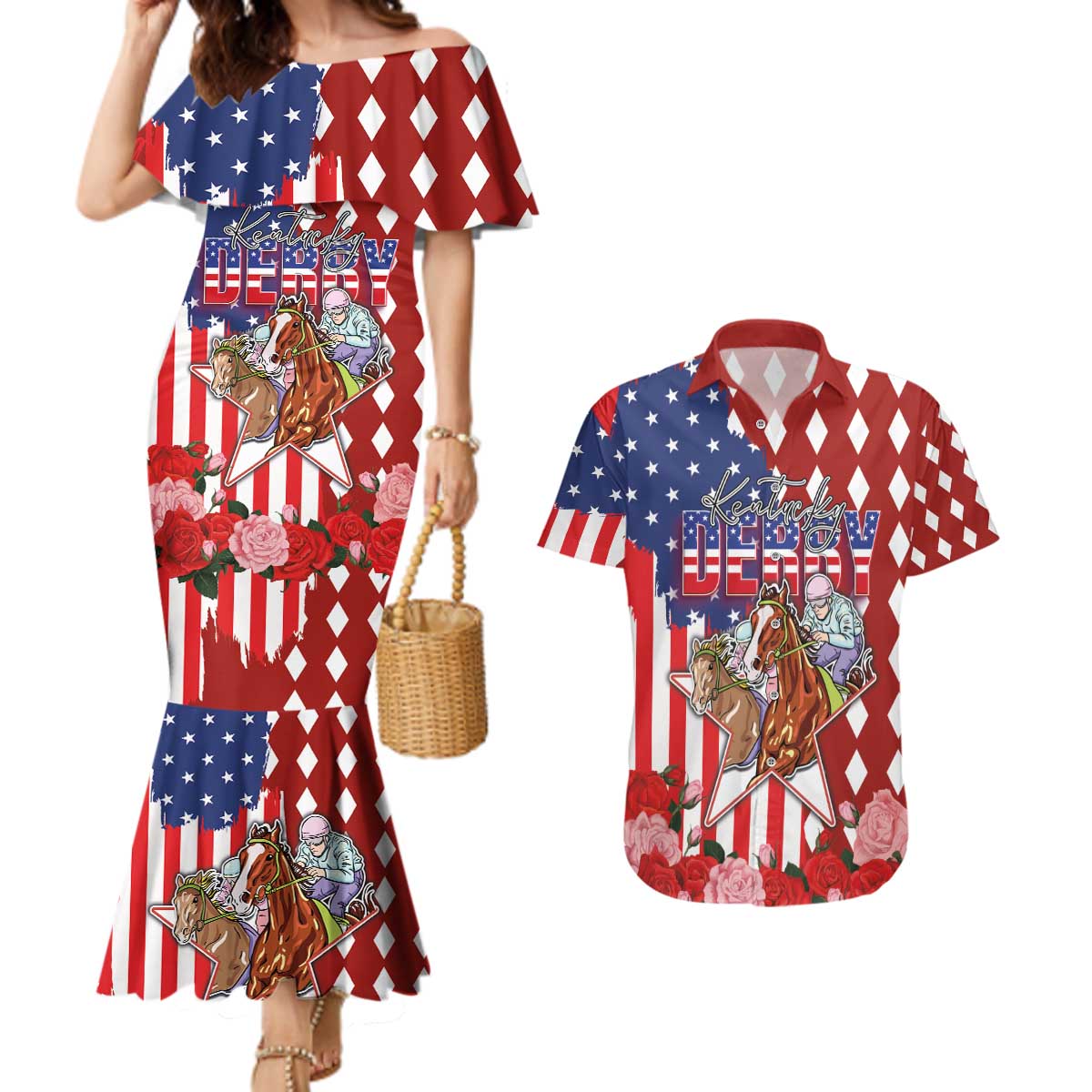 Kentucky Horses Racing Couples Matching Mermaid Dress and Hawaiian Shirt US Flag Grunge and Diamond Pattern Red Color