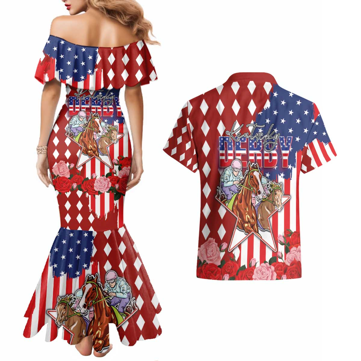 Kentucky Horses Racing Couples Matching Mermaid Dress and Hawaiian Shirt US Flag Grunge and Diamond Pattern Red Color