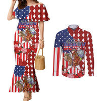 Kentucky Horses Racing Couples Matching Mermaid Dress and Long Sleeve Button Shirt US Flag Grunge and Diamond Pattern Red Color