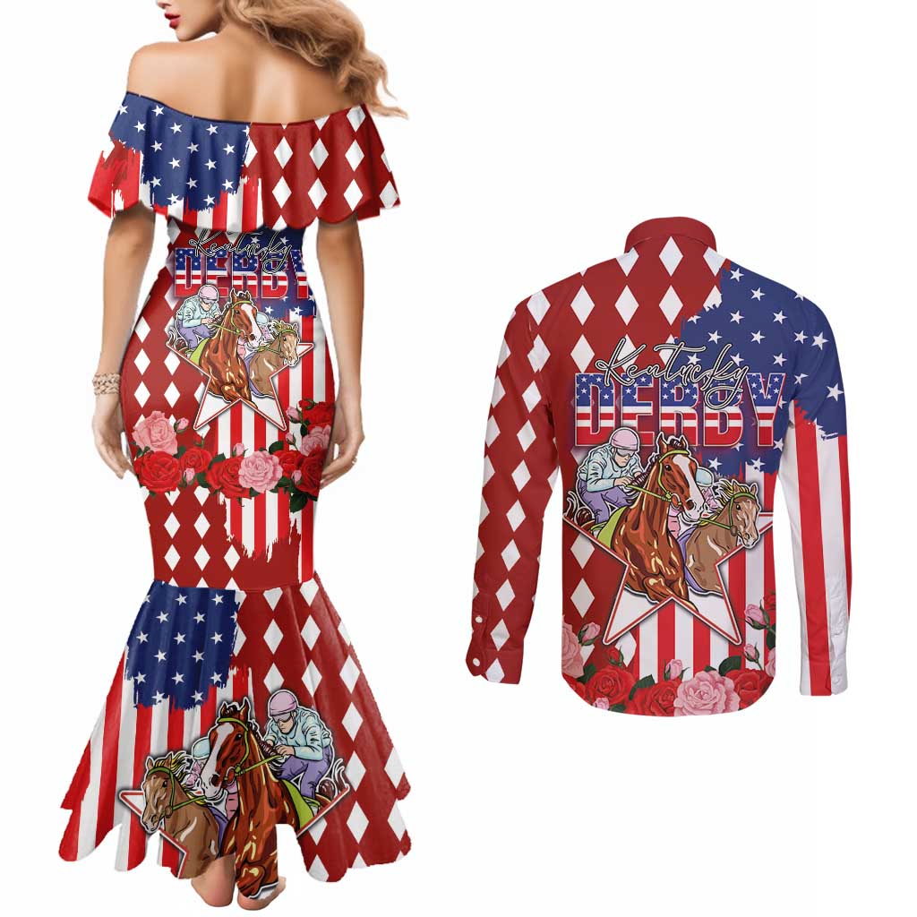 Kentucky Horses Racing Couples Matching Mermaid Dress and Long Sleeve Button Shirt US Flag Grunge and Diamond Pattern Red Color