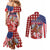 Kentucky Horses Racing Couples Matching Mermaid Dress and Long Sleeve Button Shirt US Flag Grunge and Diamond Pattern Red Color