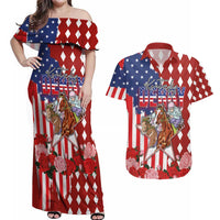 Kentucky Horses Racing Couples Matching Off Shoulder Maxi Dress and Hawaiian Shirt US Flag Grunge and Diamond Pattern Red Color