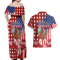 Kentucky Horses Racing Couples Matching Off Shoulder Maxi Dress and Hawaiian Shirt US Flag Grunge and Diamond Pattern Red Color