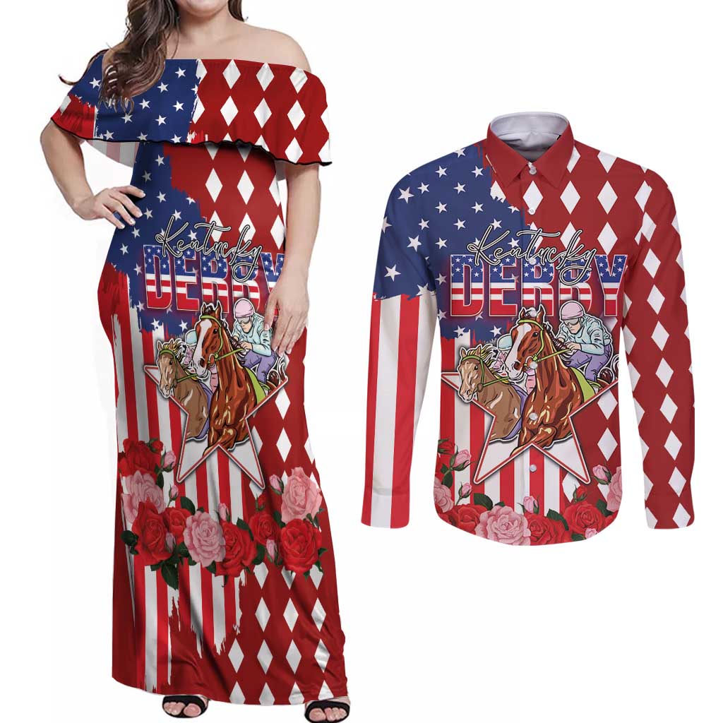 Kentucky Horses Racing Couples Matching Off Shoulder Maxi Dress and Long Sleeve Button Shirt US Flag Grunge and Diamond Pattern Red Color