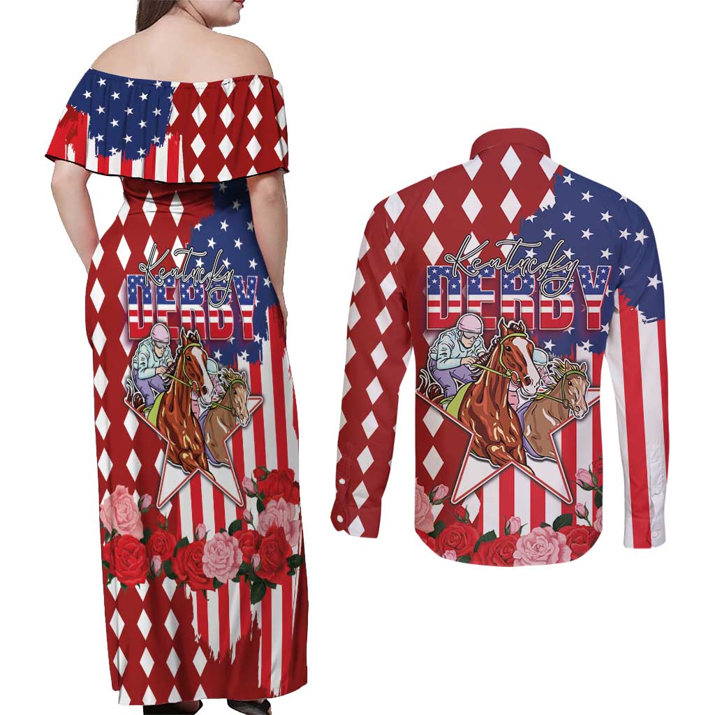 Kentucky Horses Racing Couples Matching Off Shoulder Maxi Dress and Long Sleeve Button Shirt US Flag Grunge and Diamond Pattern Red Color