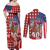 Kentucky Horses Racing Couples Matching Off Shoulder Maxi Dress and Long Sleeve Button Shirt US Flag Grunge and Diamond Pattern Red Color