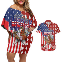 Kentucky Horses Racing Couples Matching Off Shoulder Short Dress and Hawaiian Shirt US Flag Grunge and Diamond Pattern Red Color