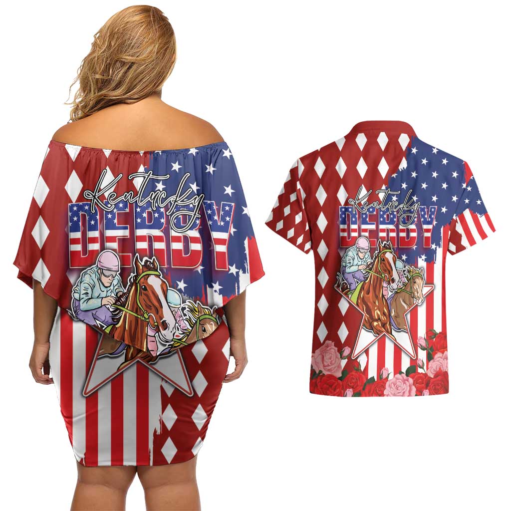 Kentucky Horses Racing Couples Matching Off Shoulder Short Dress and Hawaiian Shirt US Flag Grunge and Diamond Pattern Red Color