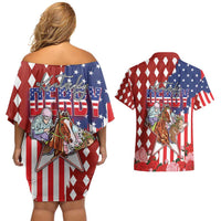 Kentucky Horses Racing Couples Matching Off Shoulder Short Dress and Hawaiian Shirt US Flag Grunge and Diamond Pattern Red Color