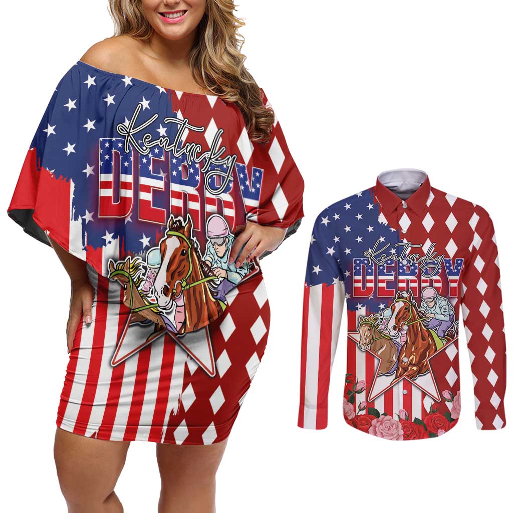 Kentucky Horses Racing Couples Matching Off Shoulder Short Dress and Long Sleeve Button Shirt US Flag Grunge and Diamond Pattern Red Color