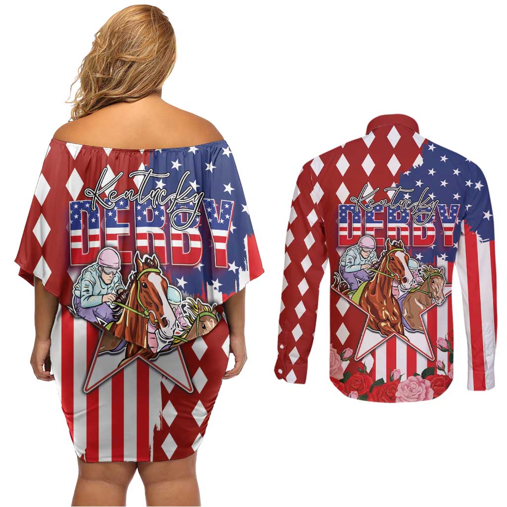 Kentucky Horses Racing Couples Matching Off Shoulder Short Dress and Long Sleeve Button Shirt US Flag Grunge and Diamond Pattern Red Color
