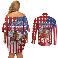 Kentucky Horses Racing Couples Matching Off Shoulder Short Dress and Long Sleeve Button Shirt US Flag Grunge and Diamond Pattern Red Color