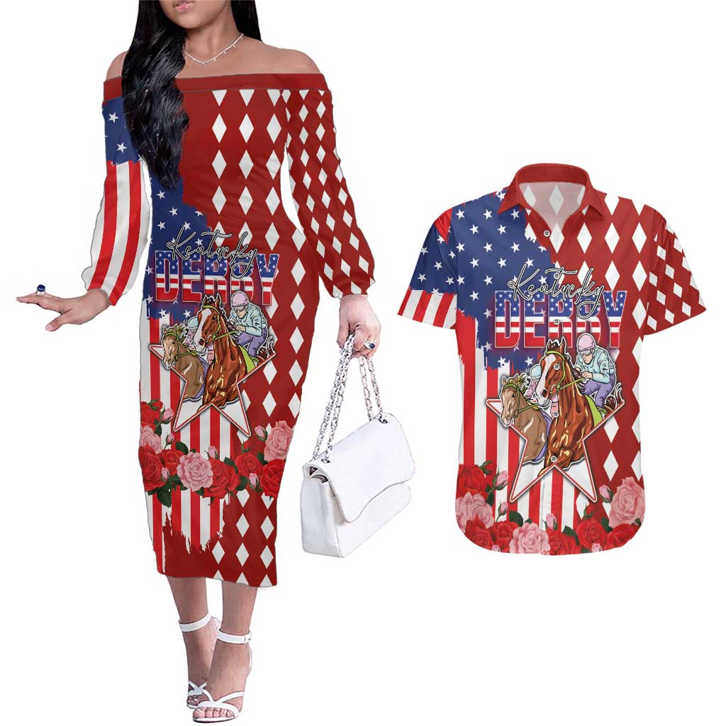 Kentucky Horses Racing Couples Matching Off The Shoulder Long Sleeve Dress and Hawaiian Shirt US Flag Grunge and Diamond Pattern Red Color