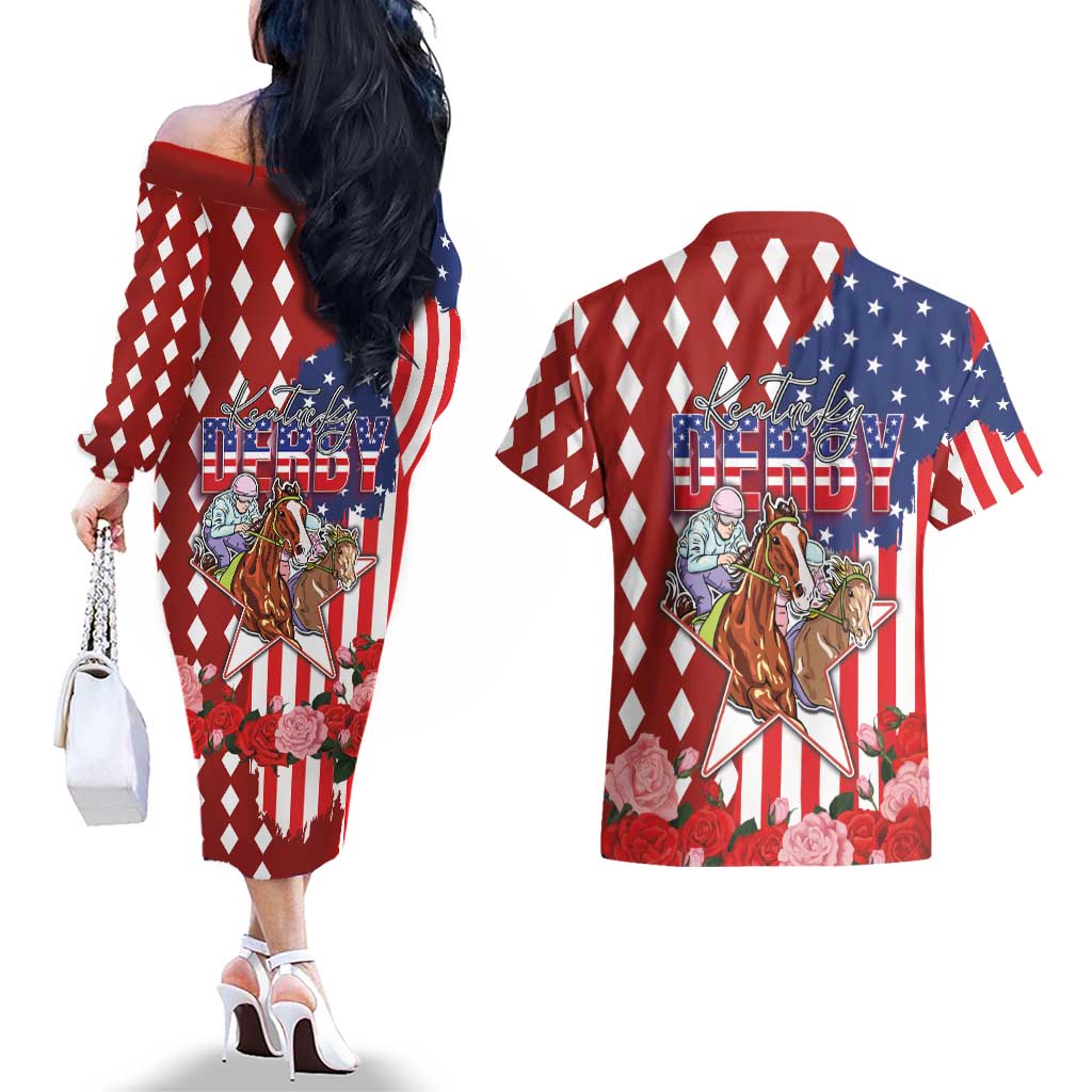 Kentucky Horses Racing Couples Matching Off The Shoulder Long Sleeve Dress and Hawaiian Shirt US Flag Grunge and Diamond Pattern Red Color