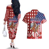 Kentucky Horses Racing Couples Matching Off The Shoulder Long Sleeve Dress and Hawaiian Shirt US Flag Grunge and Diamond Pattern Red Color
