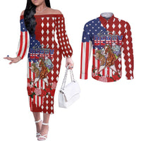 Kentucky Horses Racing Couples Matching Off The Shoulder Long Sleeve Dress and Long Sleeve Button Shirt US Flag Grunge and Diamond Pattern Red Color
