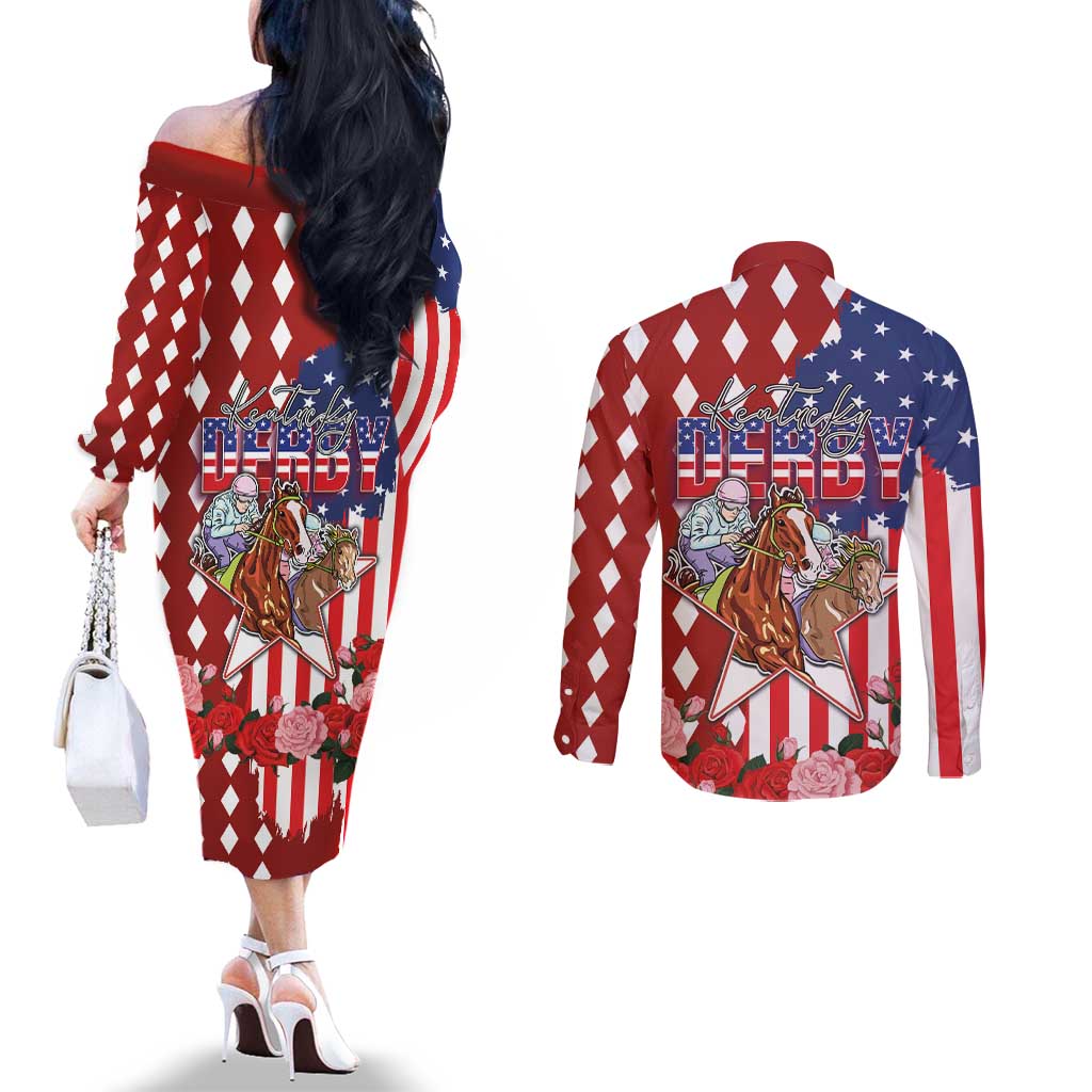 Kentucky Horses Racing Couples Matching Off The Shoulder Long Sleeve Dress and Long Sleeve Button Shirt US Flag Grunge and Diamond Pattern Red Color
