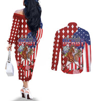 Kentucky Horses Racing Couples Matching Off The Shoulder Long Sleeve Dress and Long Sleeve Button Shirt US Flag Grunge and Diamond Pattern Red Color