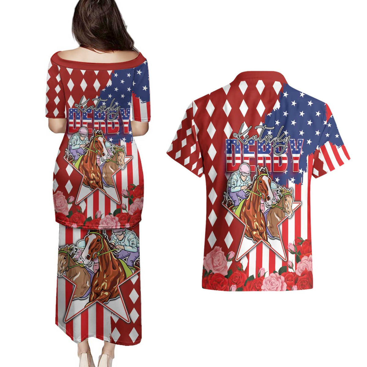 Kentucky Horses Racing Couples Matching Puletasi and Hawaiian Shirt US Flag Grunge and Diamond Pattern Red Color
