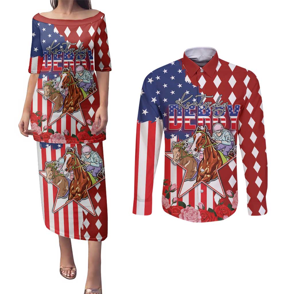 Kentucky Horses Racing Couples Matching Puletasi and Long Sleeve Button Shirt US Flag Grunge and Diamond Pattern Red Color