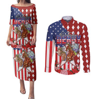 Kentucky Horses Racing Couples Matching Puletasi and Long Sleeve Button Shirt US Flag Grunge and Diamond Pattern Red Color