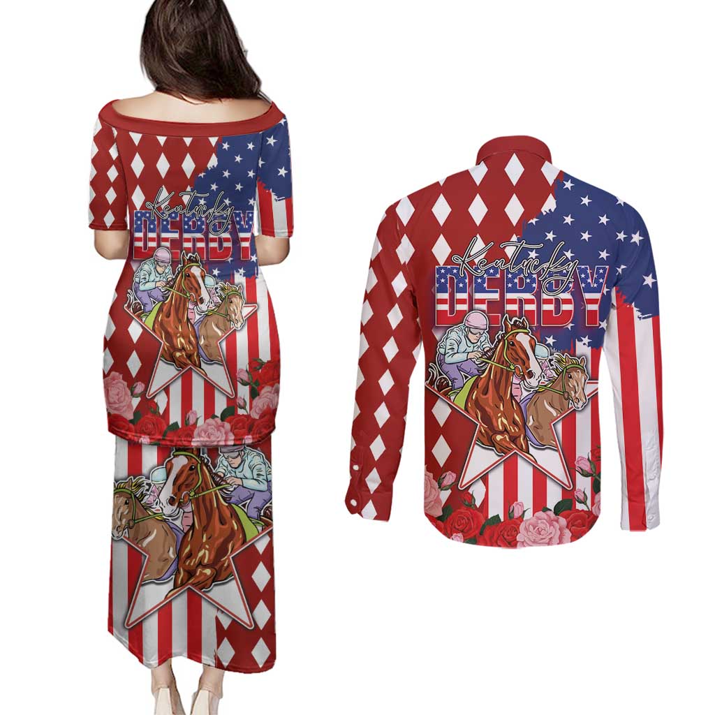 Kentucky Horses Racing Couples Matching Puletasi and Long Sleeve Button Shirt US Flag Grunge and Diamond Pattern Red Color