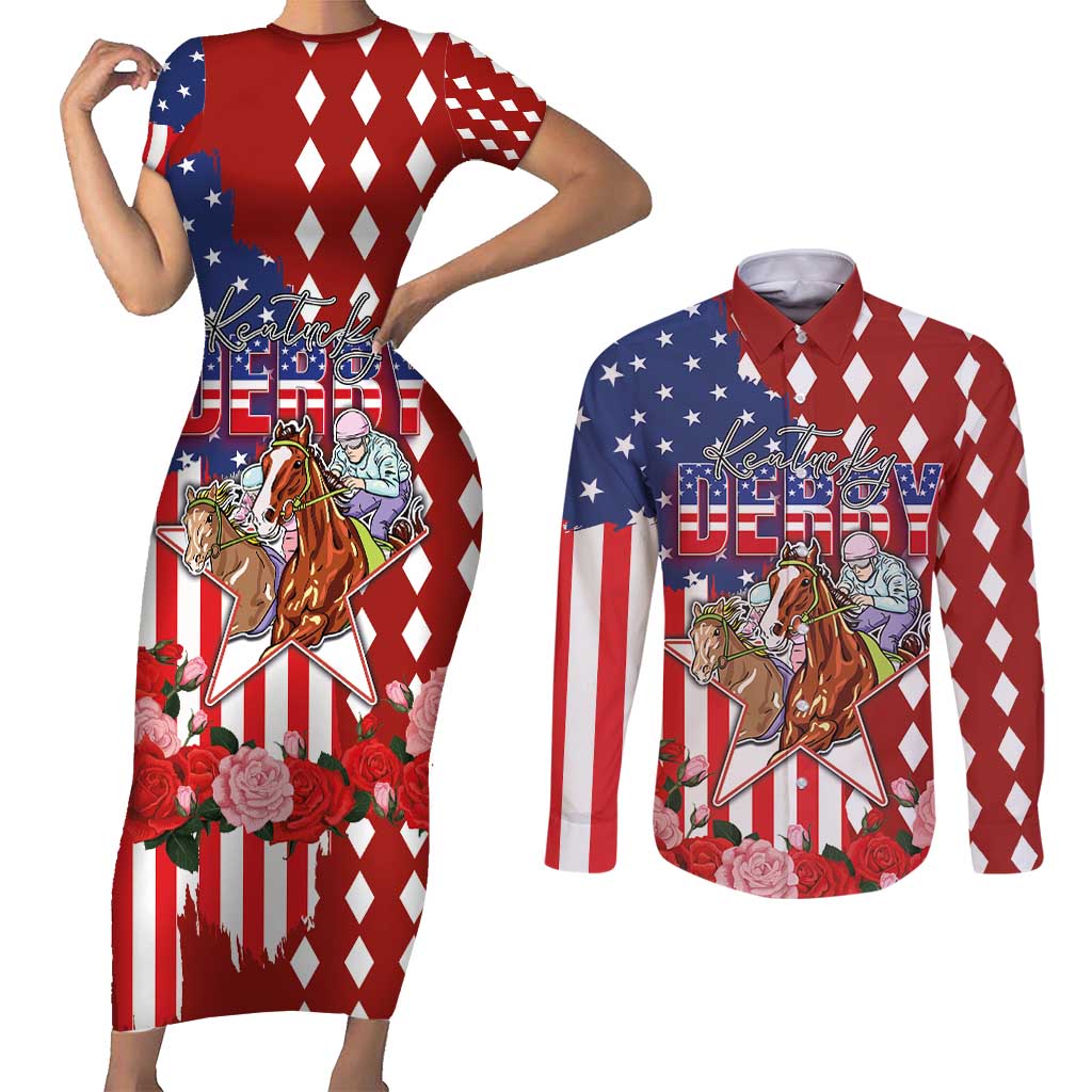 Kentucky Horses Racing Couples Matching Short Sleeve Bodycon Dress and Long Sleeve Button Shirt US Flag Grunge and Diamond Pattern Red Color