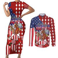 Kentucky Horses Racing Couples Matching Short Sleeve Bodycon Dress and Long Sleeve Button Shirt US Flag Grunge and Diamond Pattern Red Color