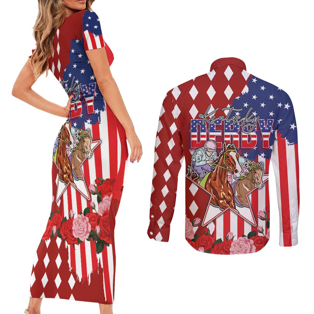 Kentucky Horses Racing Couples Matching Short Sleeve Bodycon Dress and Long Sleeve Button Shirt US Flag Grunge and Diamond Pattern Red Color
