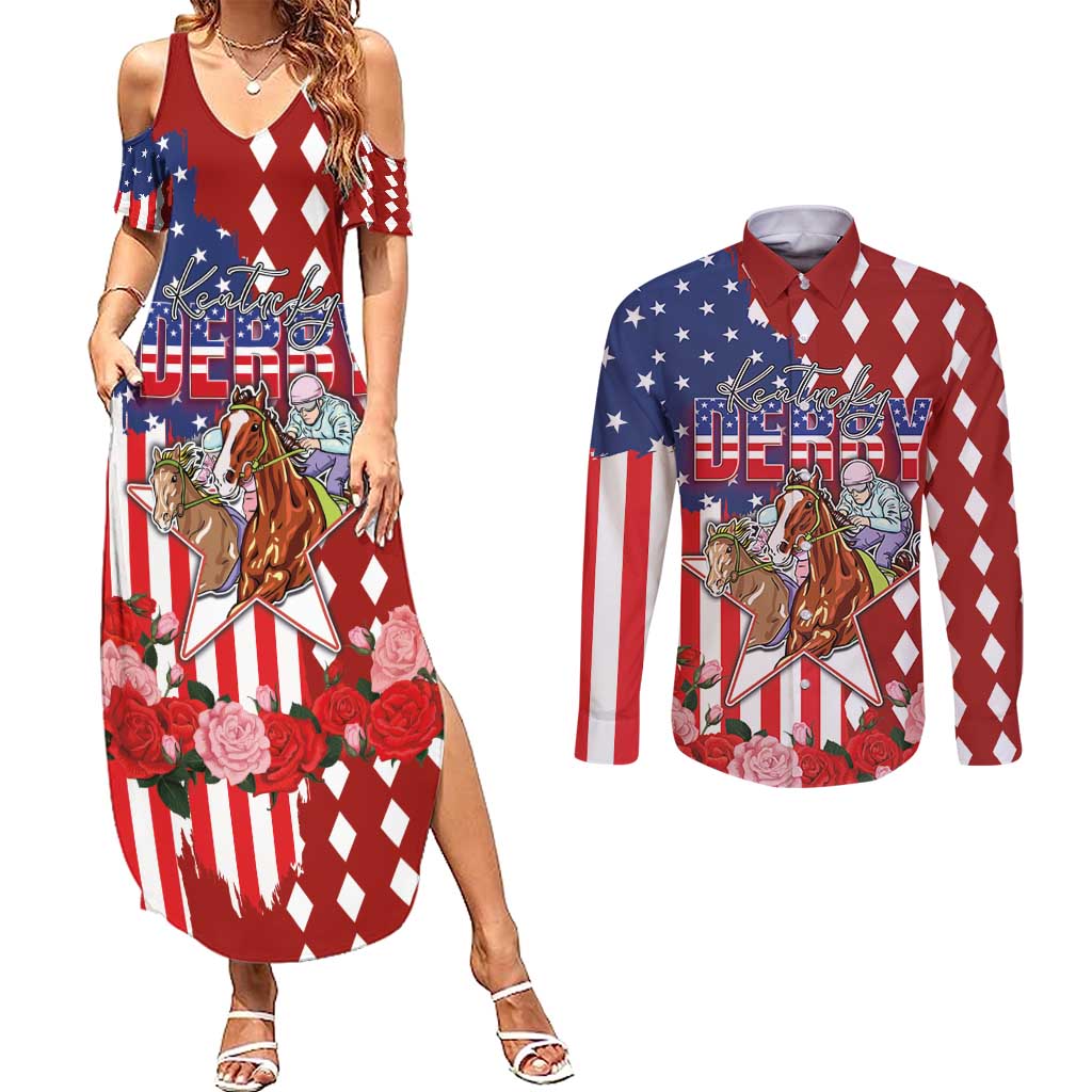 Kentucky Horses Racing Couples Matching Summer Maxi Dress and Long Sleeve Button Shirt US Flag Grunge and Diamond Pattern Red Color