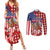 Kentucky Horses Racing Couples Matching Summer Maxi Dress and Long Sleeve Button Shirt US Flag Grunge and Diamond Pattern Red Color