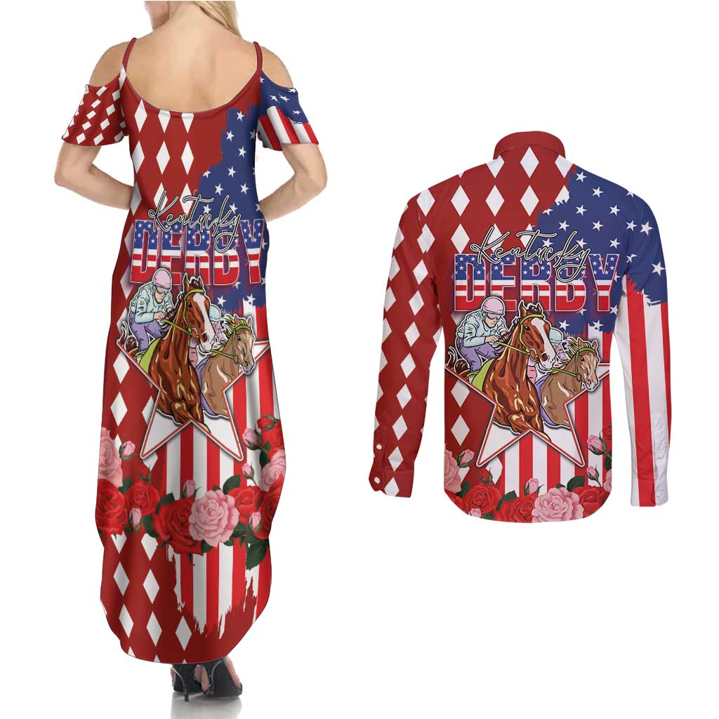 Kentucky Horses Racing Couples Matching Summer Maxi Dress and Long Sleeve Button Shirt US Flag Grunge and Diamond Pattern Red Color