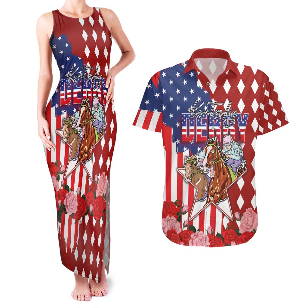 Kentucky Horses Racing Couples Matching Tank Maxi Dress and Hawaiian Shirt US Flag Grunge and Diamond Pattern Red Color