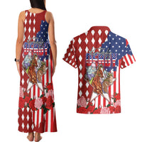 Kentucky Horses Racing Couples Matching Tank Maxi Dress and Hawaiian Shirt US Flag Grunge and Diamond Pattern Red Color