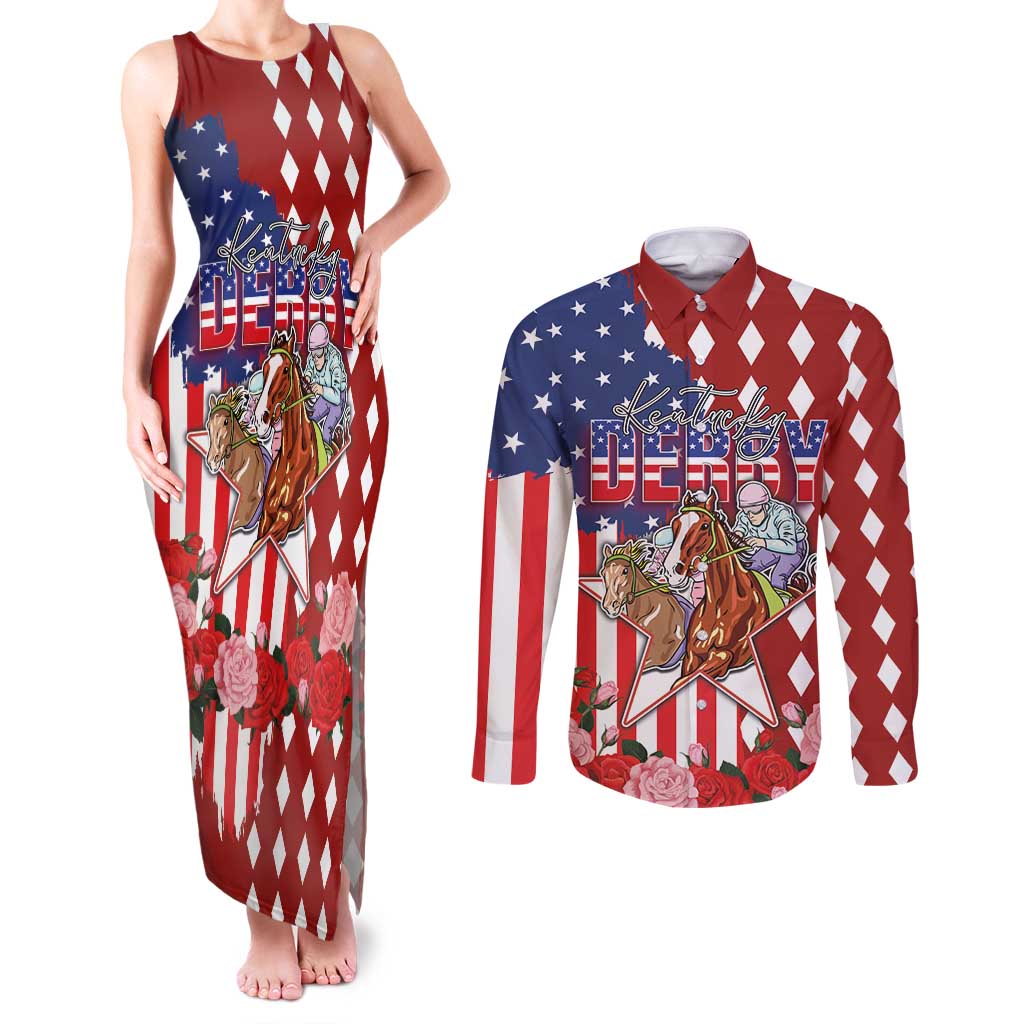 Kentucky Horses Racing Couples Matching Tank Maxi Dress and Long Sleeve Button Shirt US Flag Grunge and Diamond Pattern Red Color
