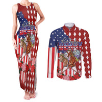 Kentucky Horses Racing Couples Matching Tank Maxi Dress and Long Sleeve Button Shirt US Flag Grunge and Diamond Pattern Red Color