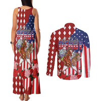Kentucky Horses Racing Couples Matching Tank Maxi Dress and Long Sleeve Button Shirt US Flag Grunge and Diamond Pattern Red Color