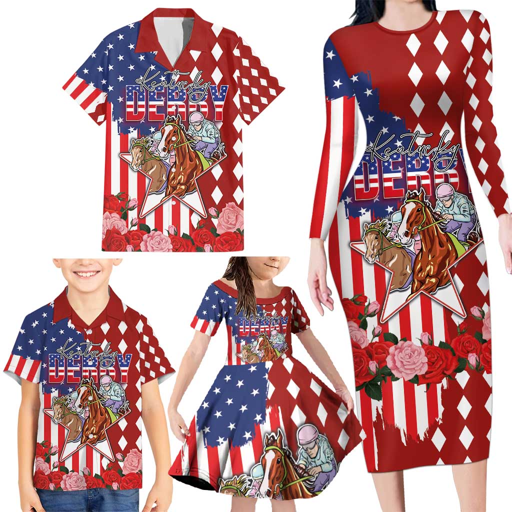 Kentucky Horses Racing Family Matching Long Sleeve Bodycon Dress and Hawaiian Shirt US Flag Grunge and Diamond Pattern Red Color