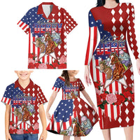 Kentucky Horses Racing Family Matching Long Sleeve Bodycon Dress and Hawaiian Shirt US Flag Grunge and Diamond Pattern Red Color