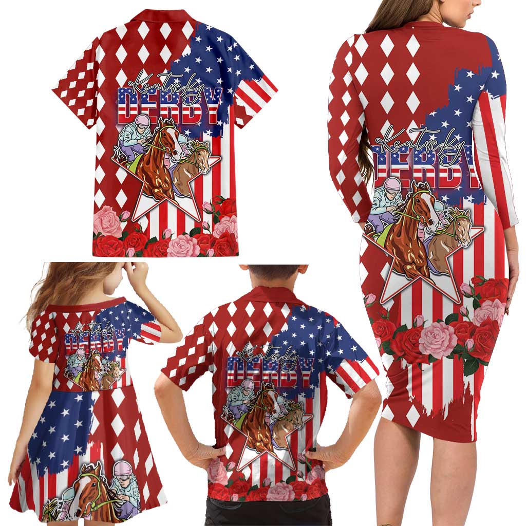Kentucky Horses Racing Family Matching Long Sleeve Bodycon Dress and Hawaiian Shirt US Flag Grunge and Diamond Pattern Red Color