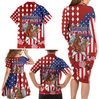Kentucky Horses Racing Family Matching Long Sleeve Bodycon Dress and Hawaiian Shirt US Flag Grunge and Diamond Pattern Red Color